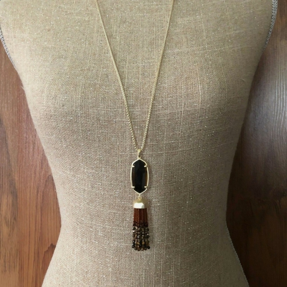 NEW! Kendra Scott GOLD New Eva Adj Long BROWN Tiger's Eye Necklace Rtl $175